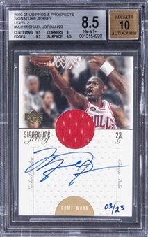 2000-01 UD Pros & Prospects "Signature Jersey" Level 2 #MJ2 Michael Jordan Signed Game Used Jersey Card (#03/23) – BGS NM-MT+ 8.5/BGS 10